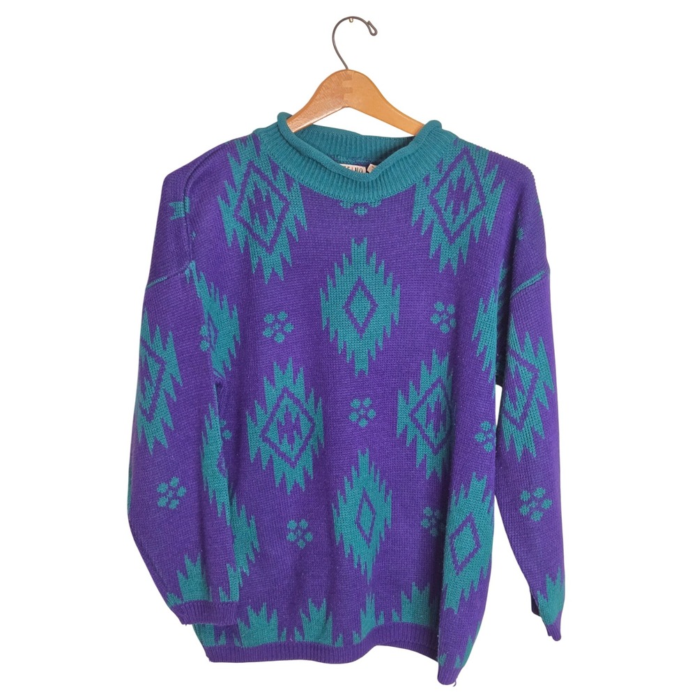 Womens Vintage Stefano International Sweater Medium Purple Teal Aztec Knit Retro